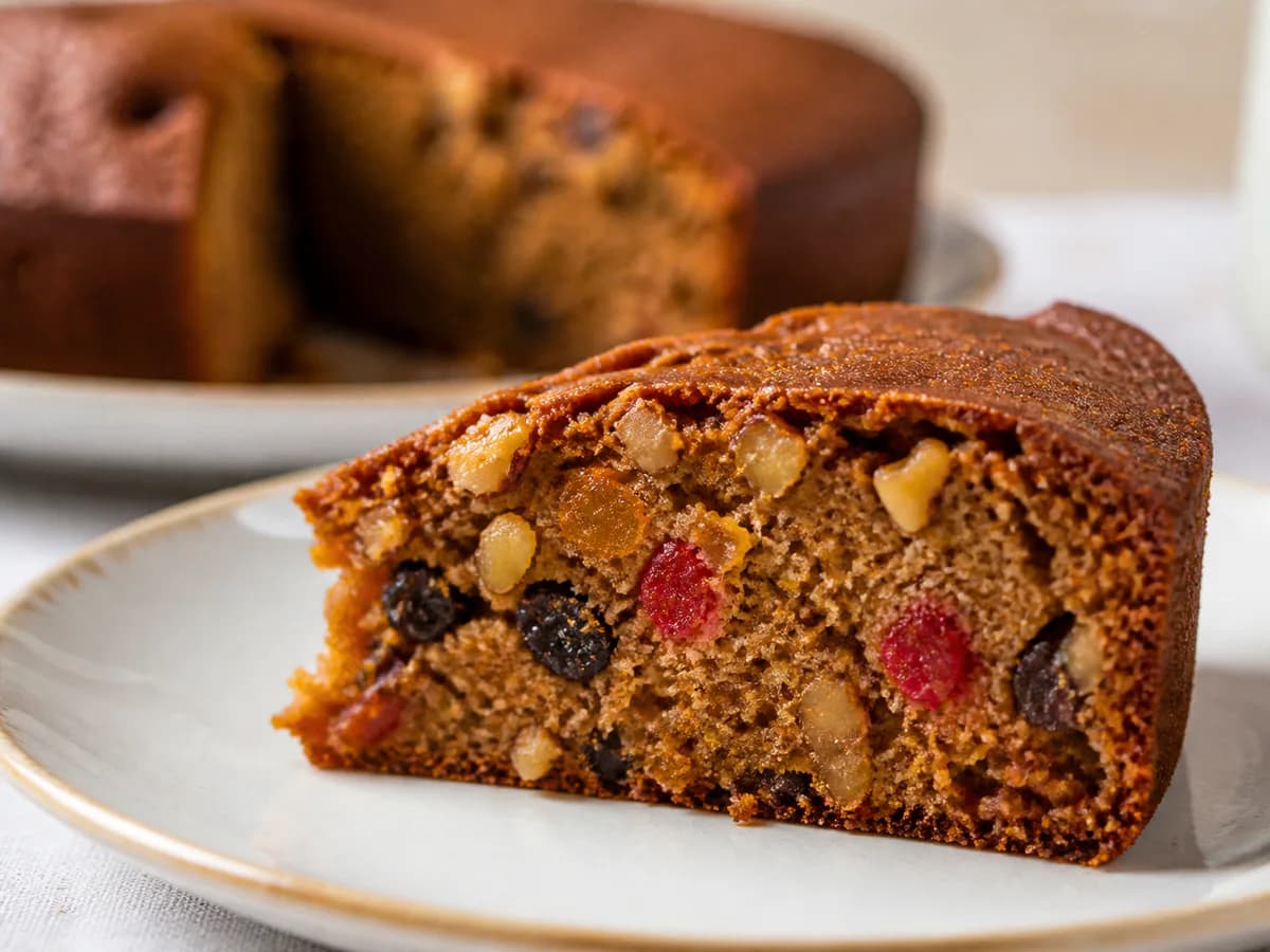 Pormenor de uma porção de Bolo de Gengibre e Canela com Fruta Cristalizada e Frutos Secos