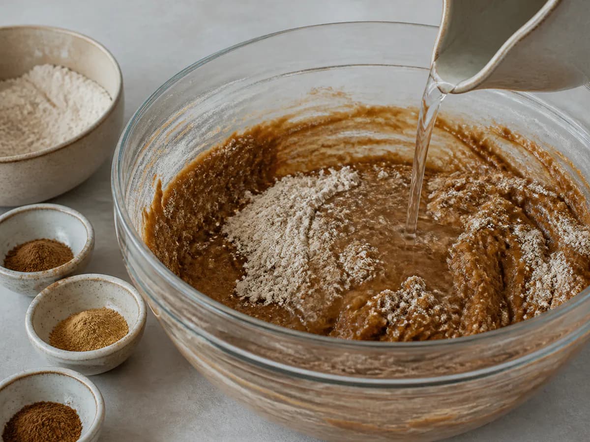 Preparação de Bolo de Gengibre e Canela com Fruta Cristalizada e Frutos Secos durante a confeção