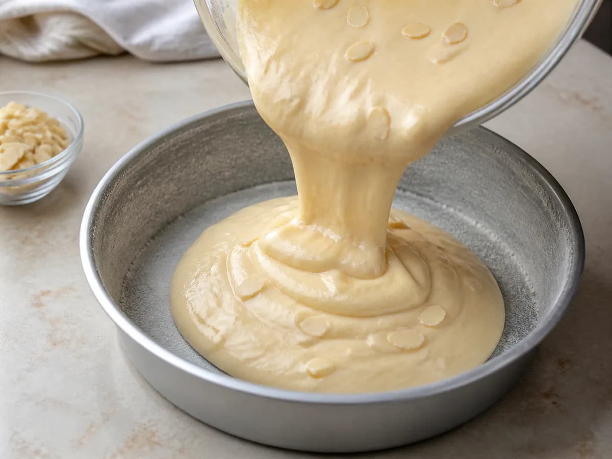 Preparação de Bolo de Iogurte com Amêndoas durante a confeção