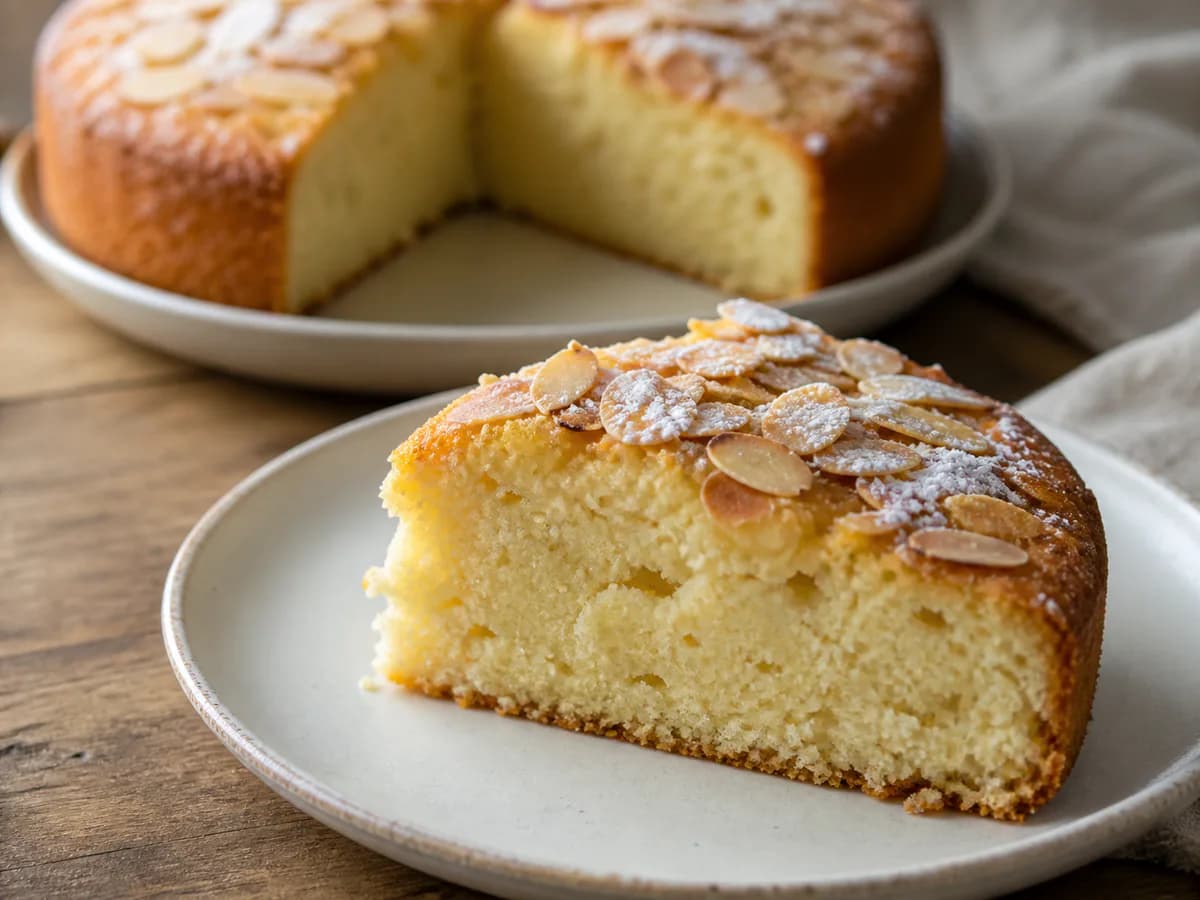 Pormenor de uma porção de Bolo de Iogurte com Amêndoas