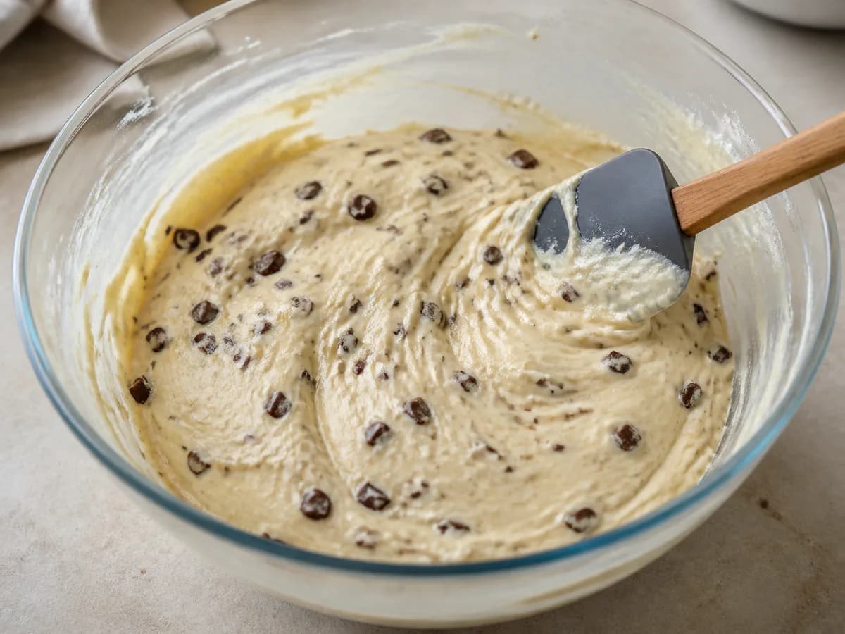 Preparação de Bolo de Iogurte com Chocolate durante a confeção