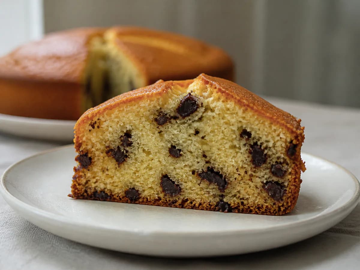 Pormenor de uma porção de Bolo de Iogurte com Chocolate