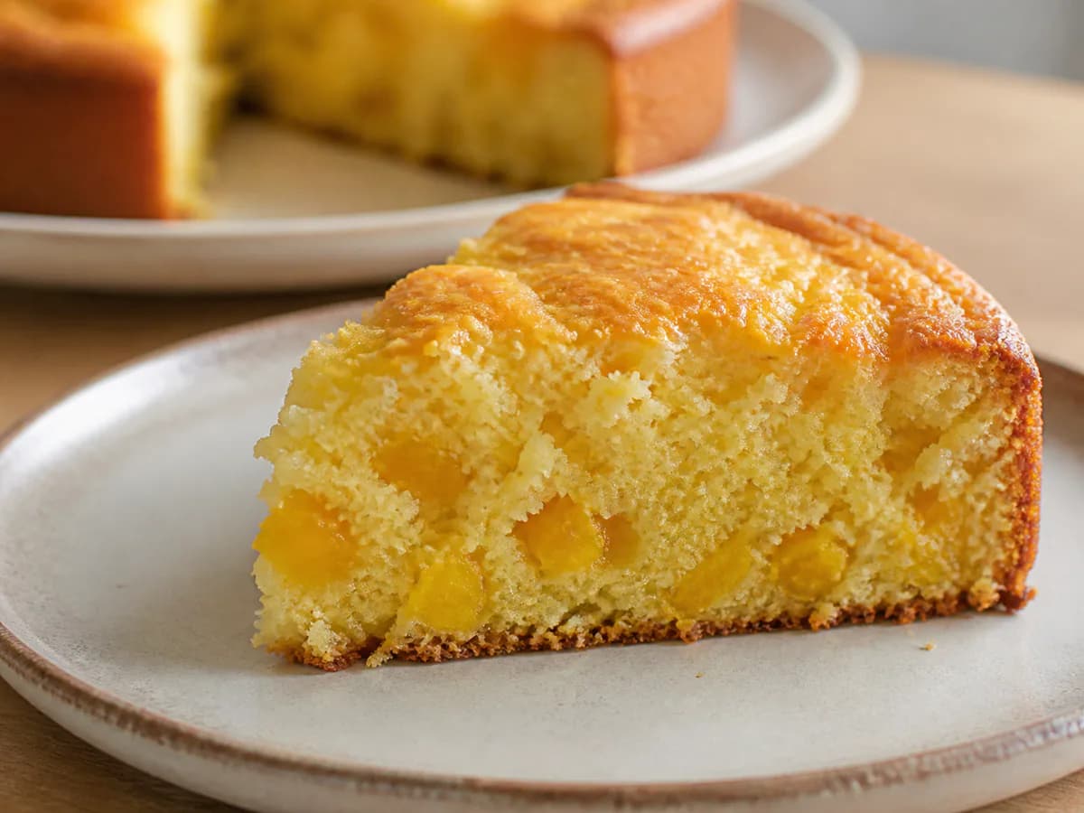 Pormenor de uma porção de Bolo de Iogurte, Manga e Raspa de Limão