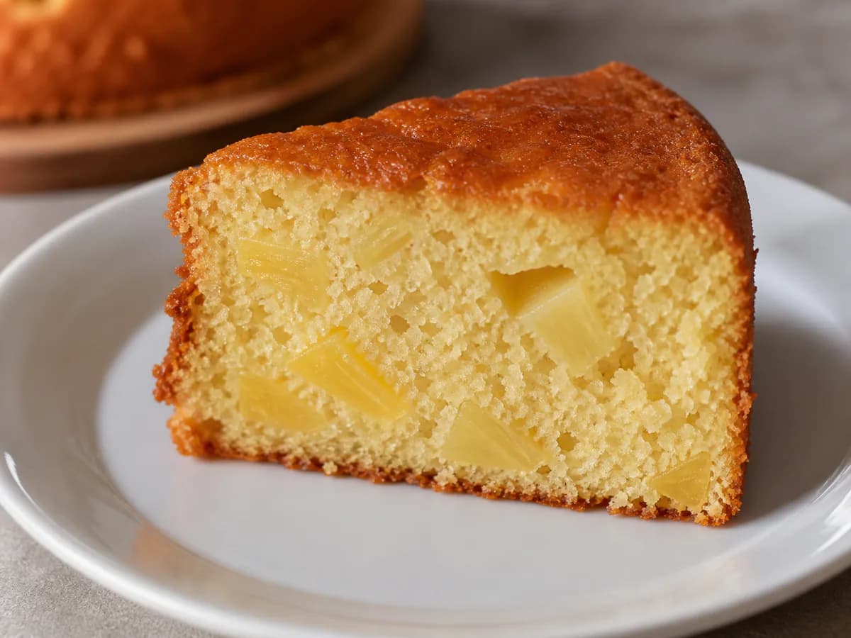 Pormenor de uma porção de Bolo de Iogurte com Pedaços de Ananás