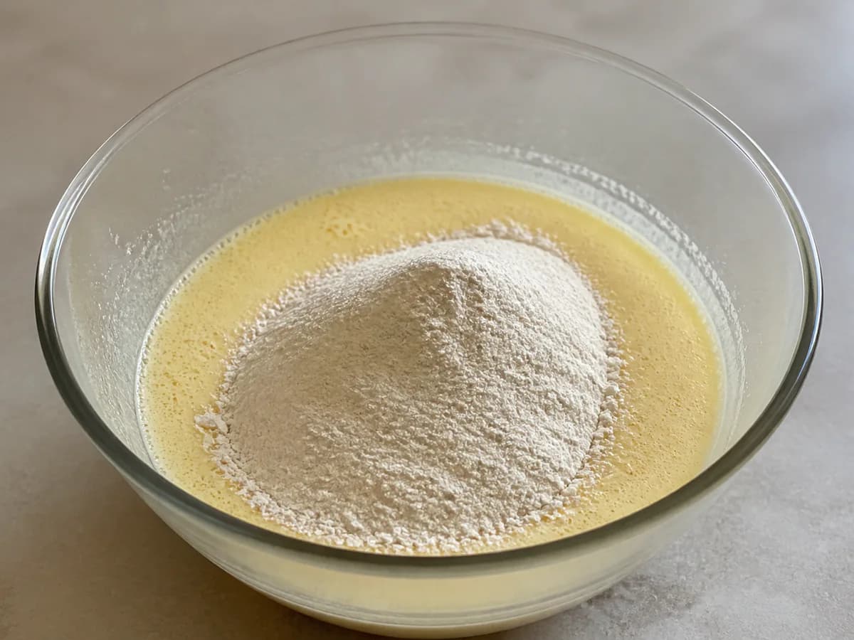 Preparação de Bolo de Iogurte com Pedaços de Ananás durante a confeção