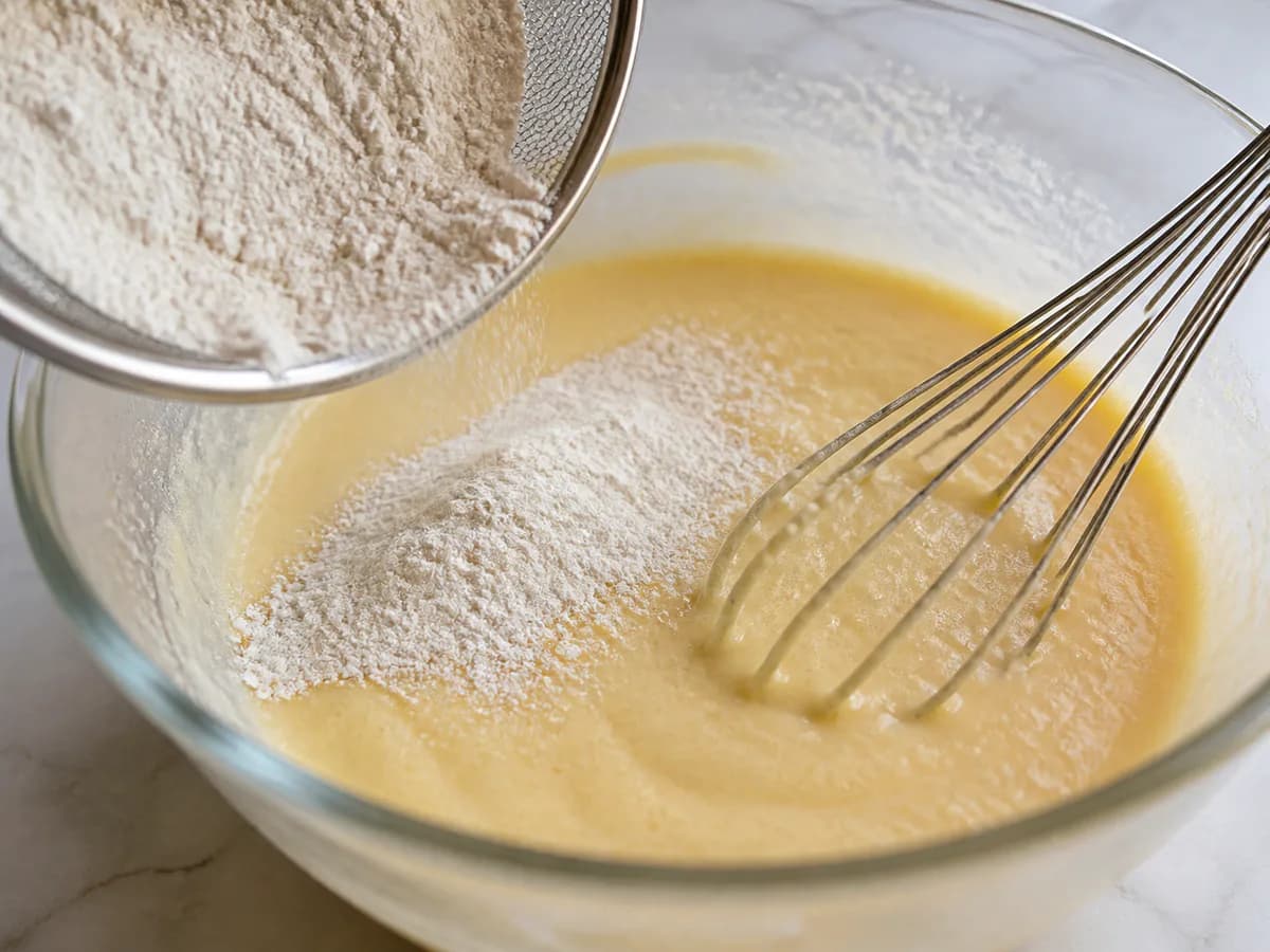 Preparação de Bolo de Iogurte com Ananás e Leite Condensado durante a confeção