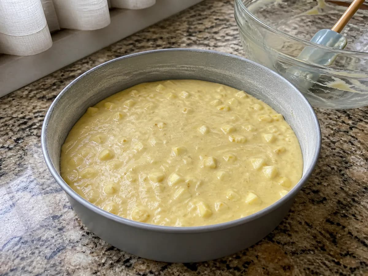 Preparação de Bolo de Iogurte e Maçã durante a confeção