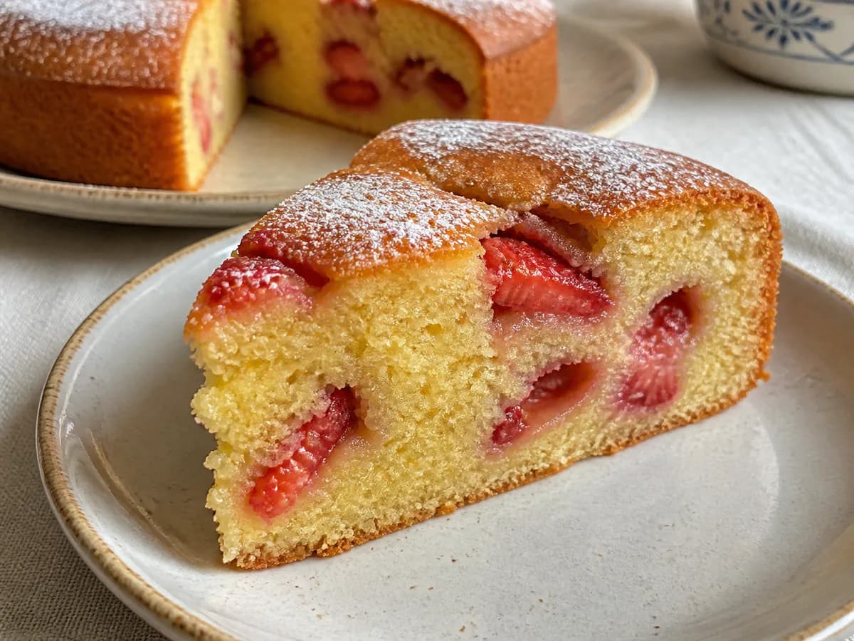 Pormenor de uma porção de Bolo de Iogurte e Morangos