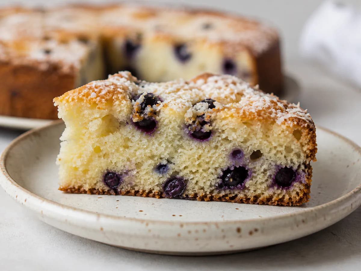 Pormenor de uma porção de Bolo de Iogurte Grego com Coco e Mirtilos