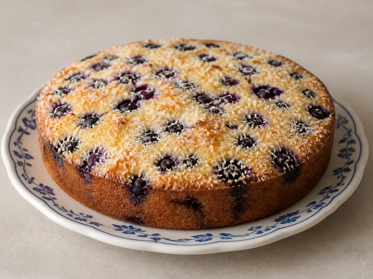 Bolo de Iogurte Grego com Coco e Mirtilos