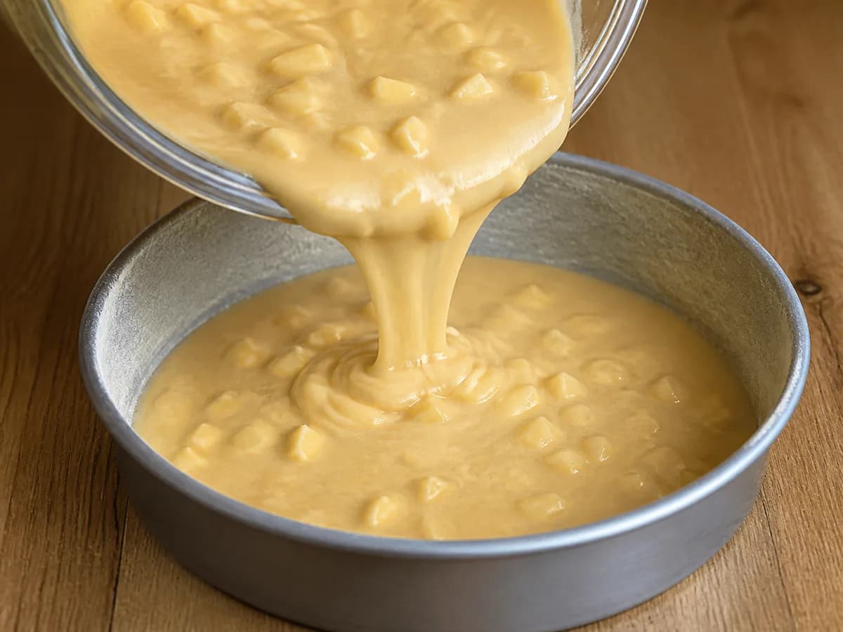Preparação de Bolo de Iogurte, Maçã e Mel durante a confeção