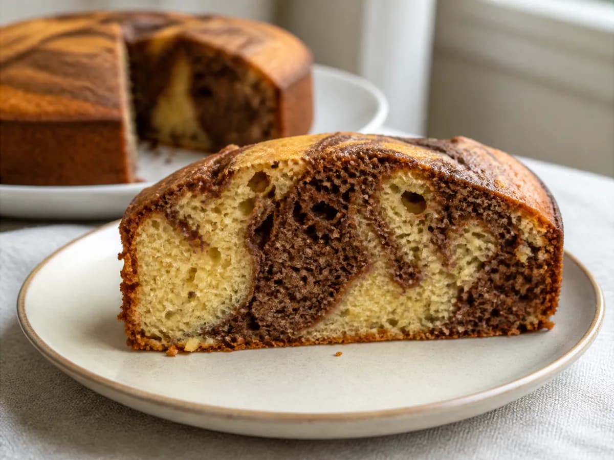 Pormenor de uma porção de Bolo de Iogurte Marmoreado