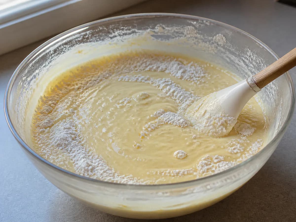 Preparação de Bolo de Iogurte Fofo com Limão durante a confeção
