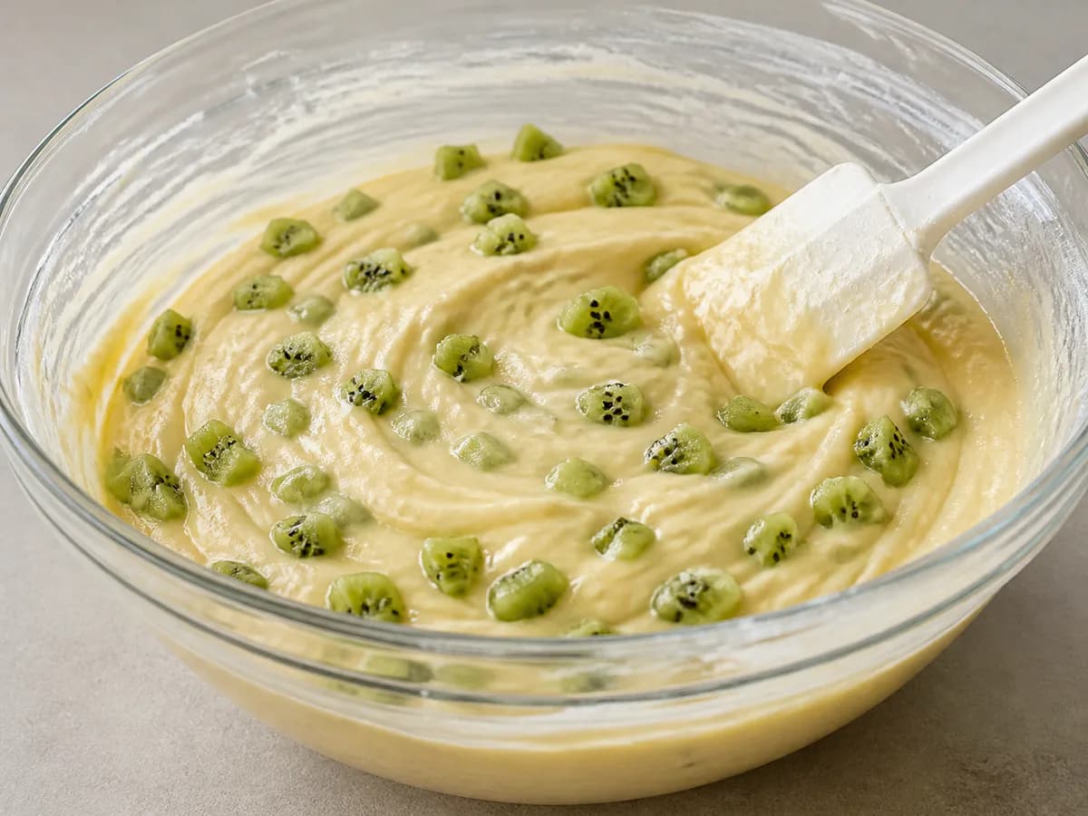 Preparação de Bolo de Kiwi Refrescante durante a confeção