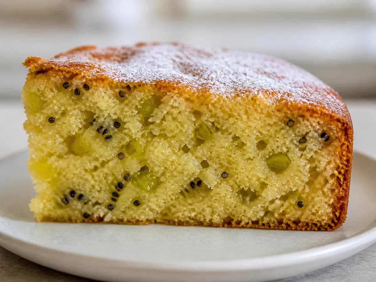 Pormenor de uma porção de Bolo de Kiwi Refrescante