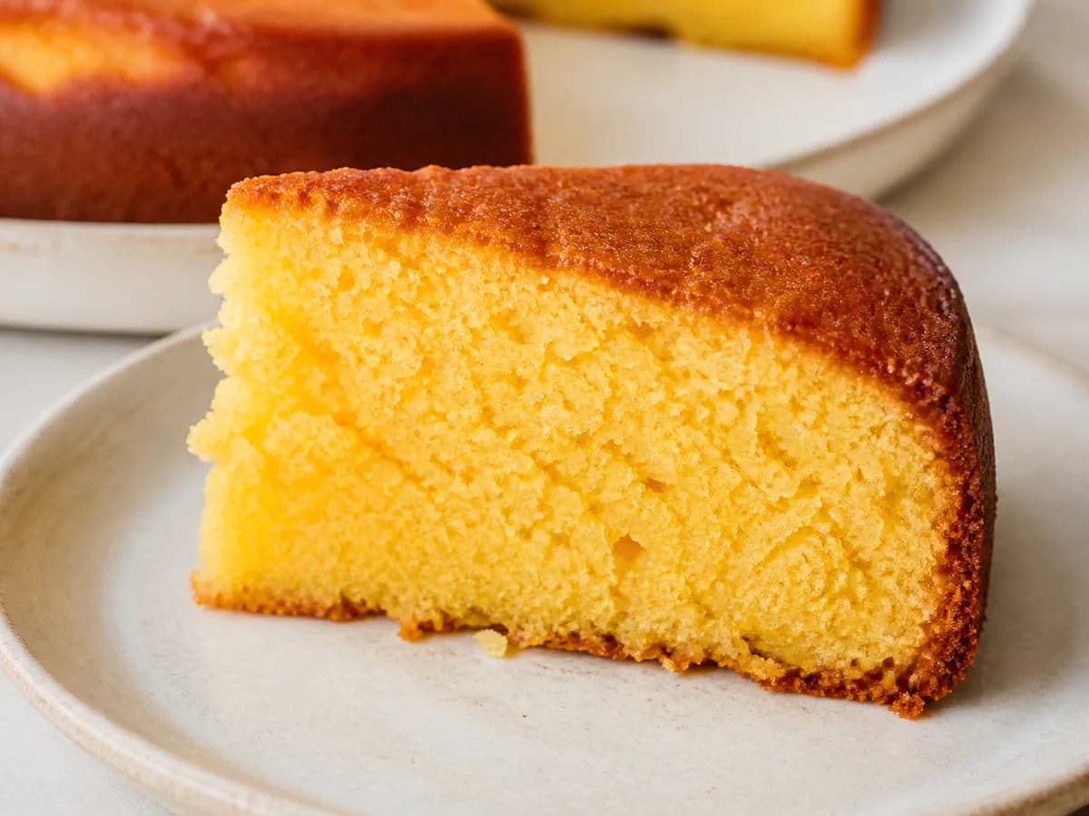 Pormenor de uma porção de Bolo de Laranja Bimby