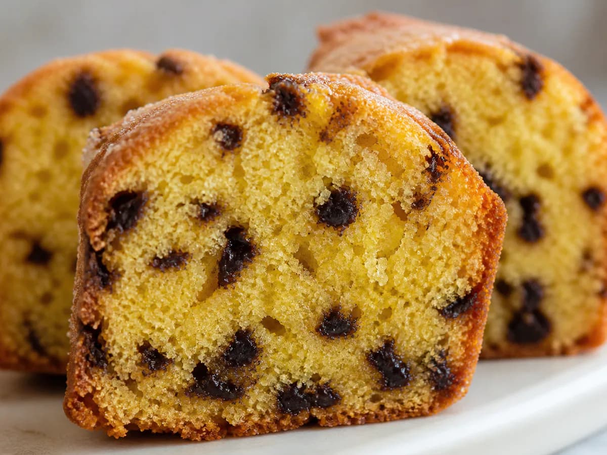 Pormenor de uma porção de Bolo de Laranja com Pepitas de Chocolate
