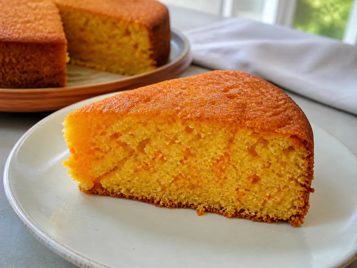 Pormenor de uma porção de Bolo de Laranja e Cenoura no Liquidificador