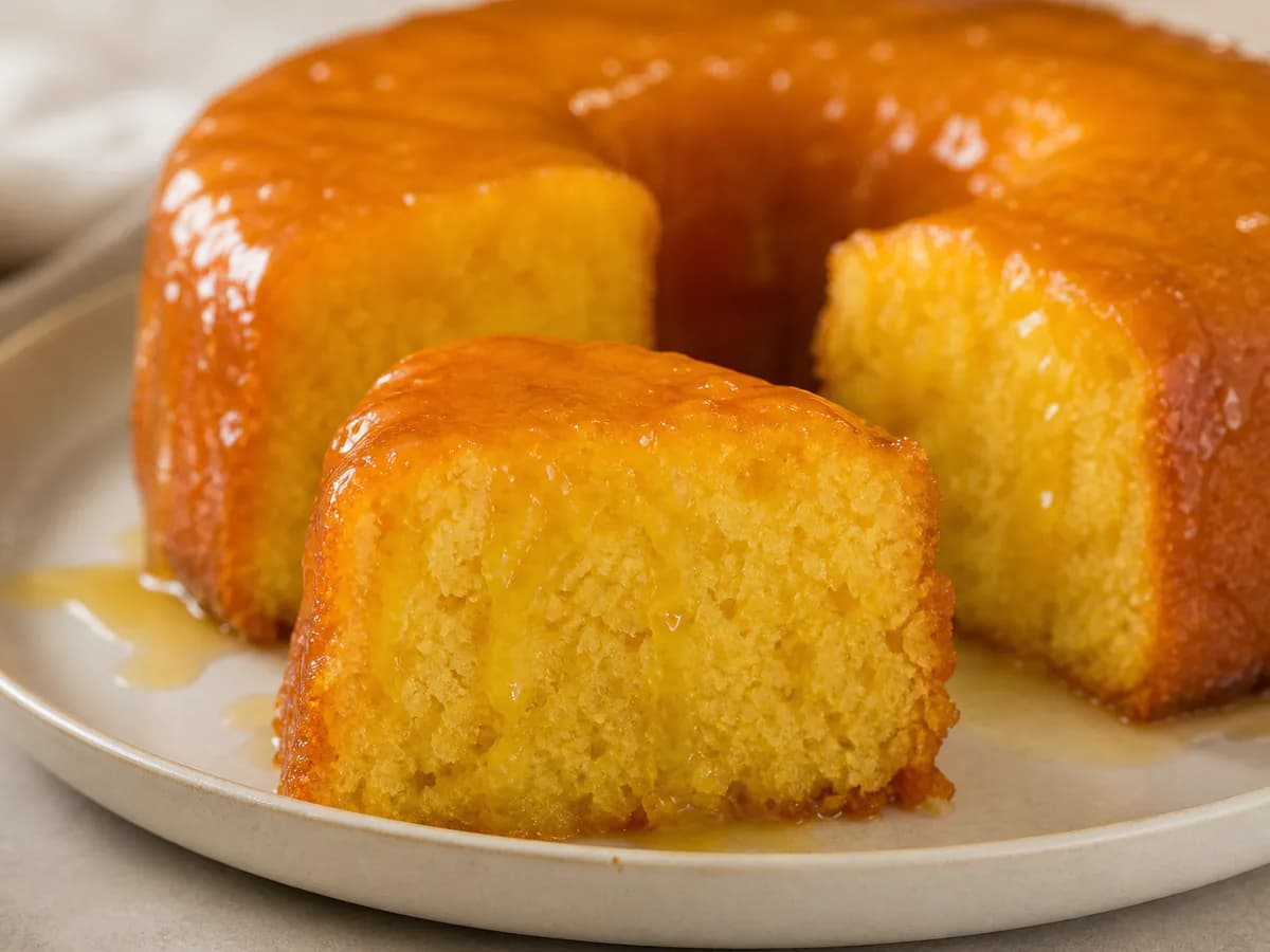 Pormenor de uma porção de Bolo de Laranja Ensopado