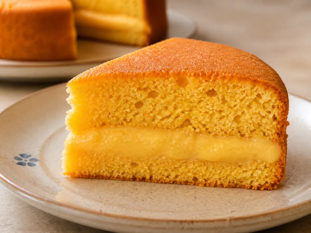 Pormenor de uma porção de Bolo de Laranja Muito Fofinho Recheado com Creme de Laranja