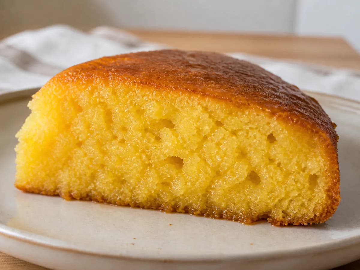 Pormenor de uma porção de Bolo de Laranja Regado com Sumo de Laranja