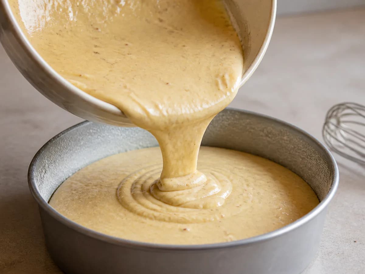 Preparação de Bolo de Leite Condensado com Amêndoa durante a confeção