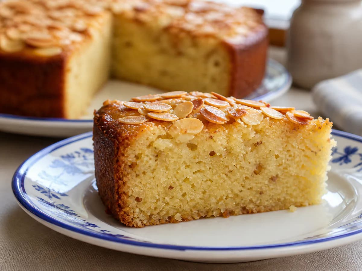 Pormenor de uma porção de Bolo de Leite Condensado com Amêndoa