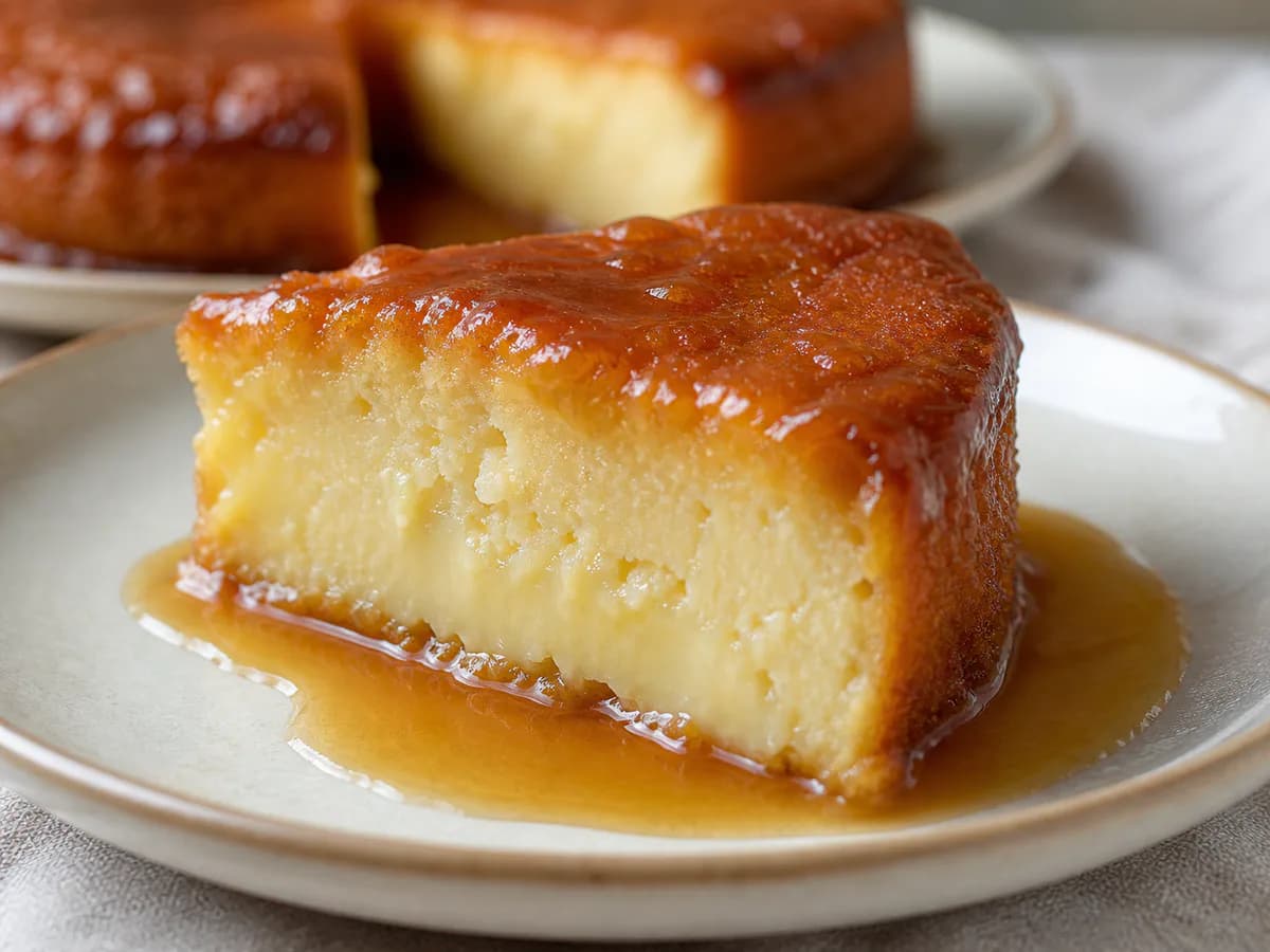 Pormenor de uma porção de Bolo de Leite Condensado Surpresa