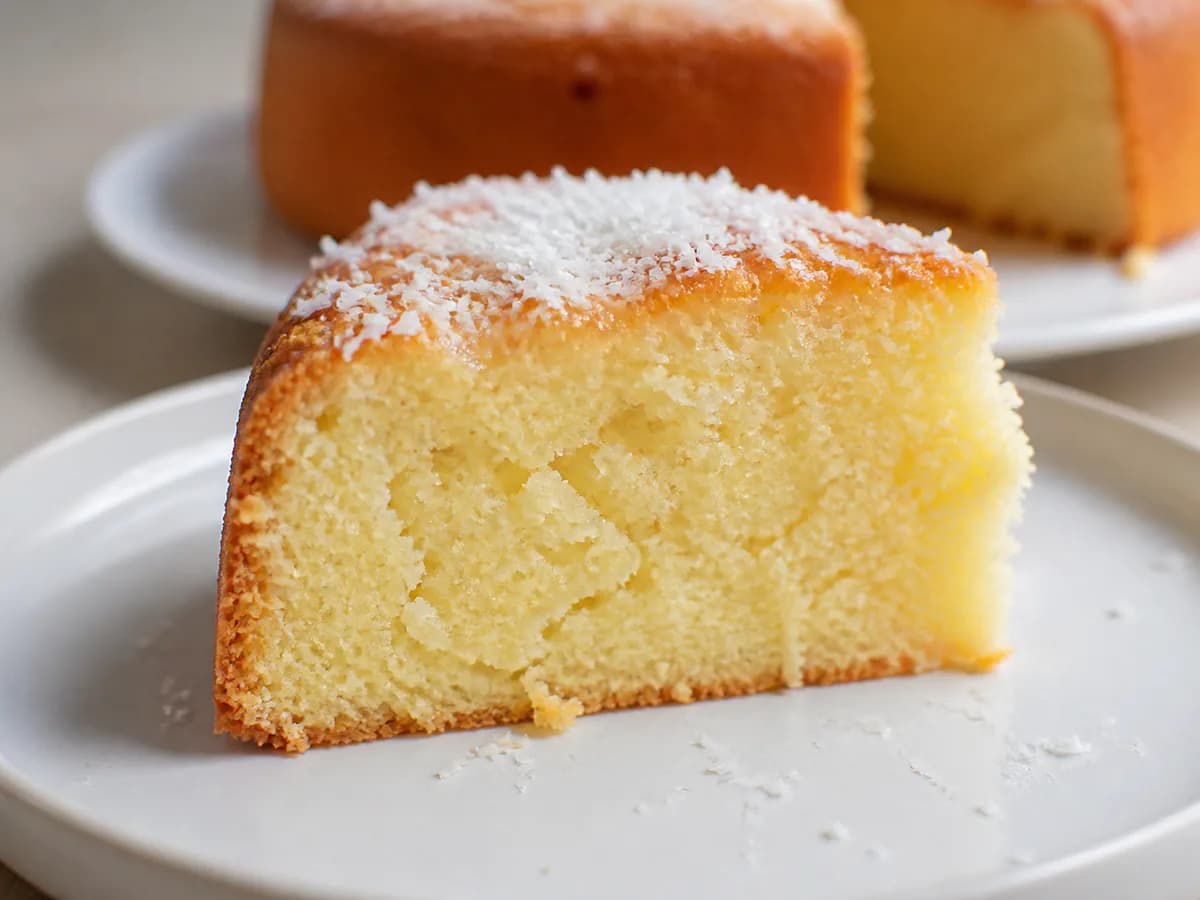 Pormenor de uma porção de Bolo de Leite de Coco Cremoso