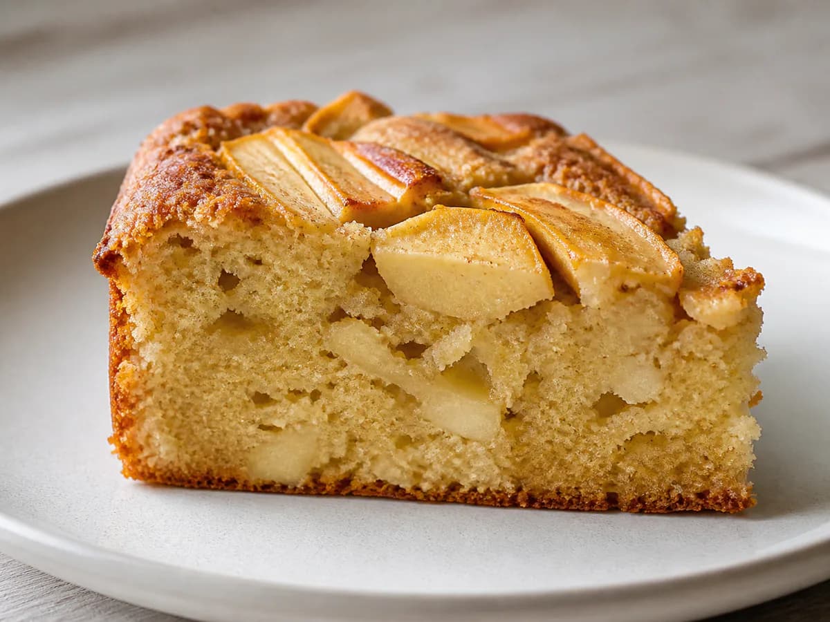 Pormenor de uma porção de Bolo de Maçã com Manteiga e Especiarias
