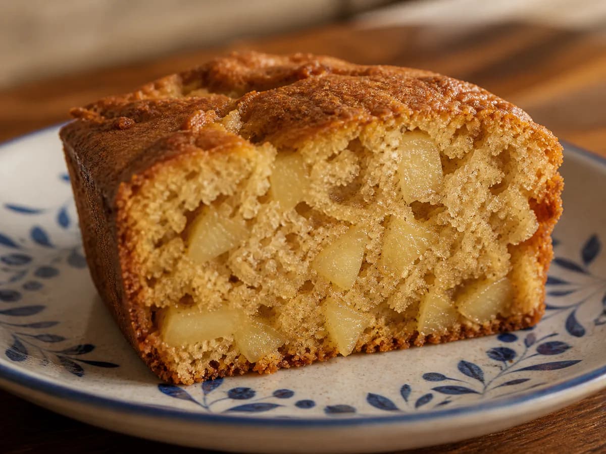 Pormenor de uma porção de Bolo de Maçã com Canela e Erva-doce