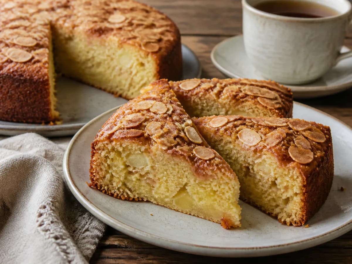 Pormenor de uma porção de Bolo de Maçã Laminada com Crocante de Amêndoa