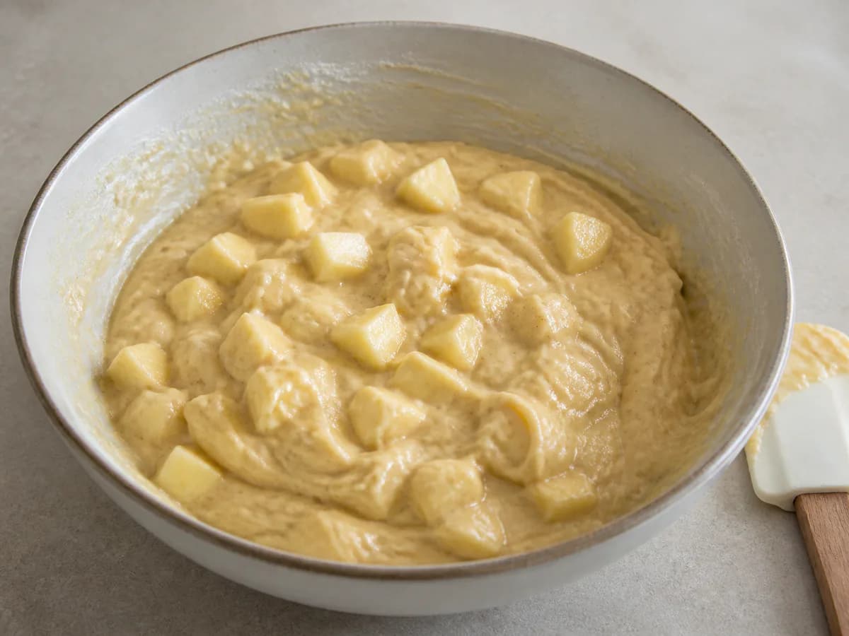 Preparação de Bolo de Maçã com Crumble de Amêndoa durante a confeção