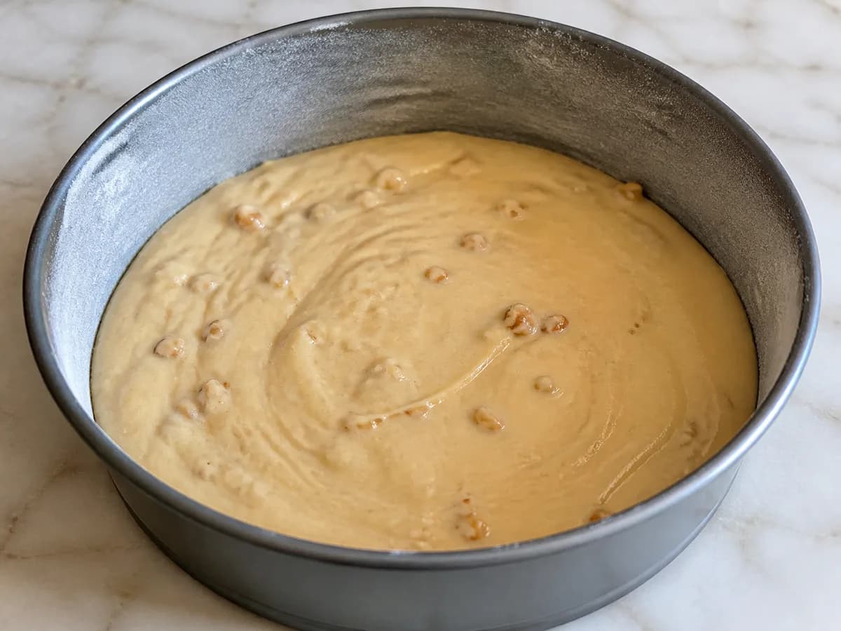 Preparação de Bolo de Maçã Fatiada com Nozes durante a confeção