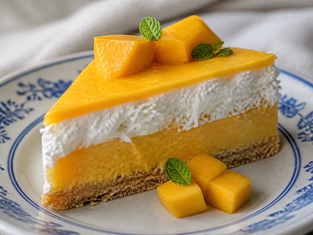 Pormenor de uma porção de Bolo de Manga e Coco Sem Assar