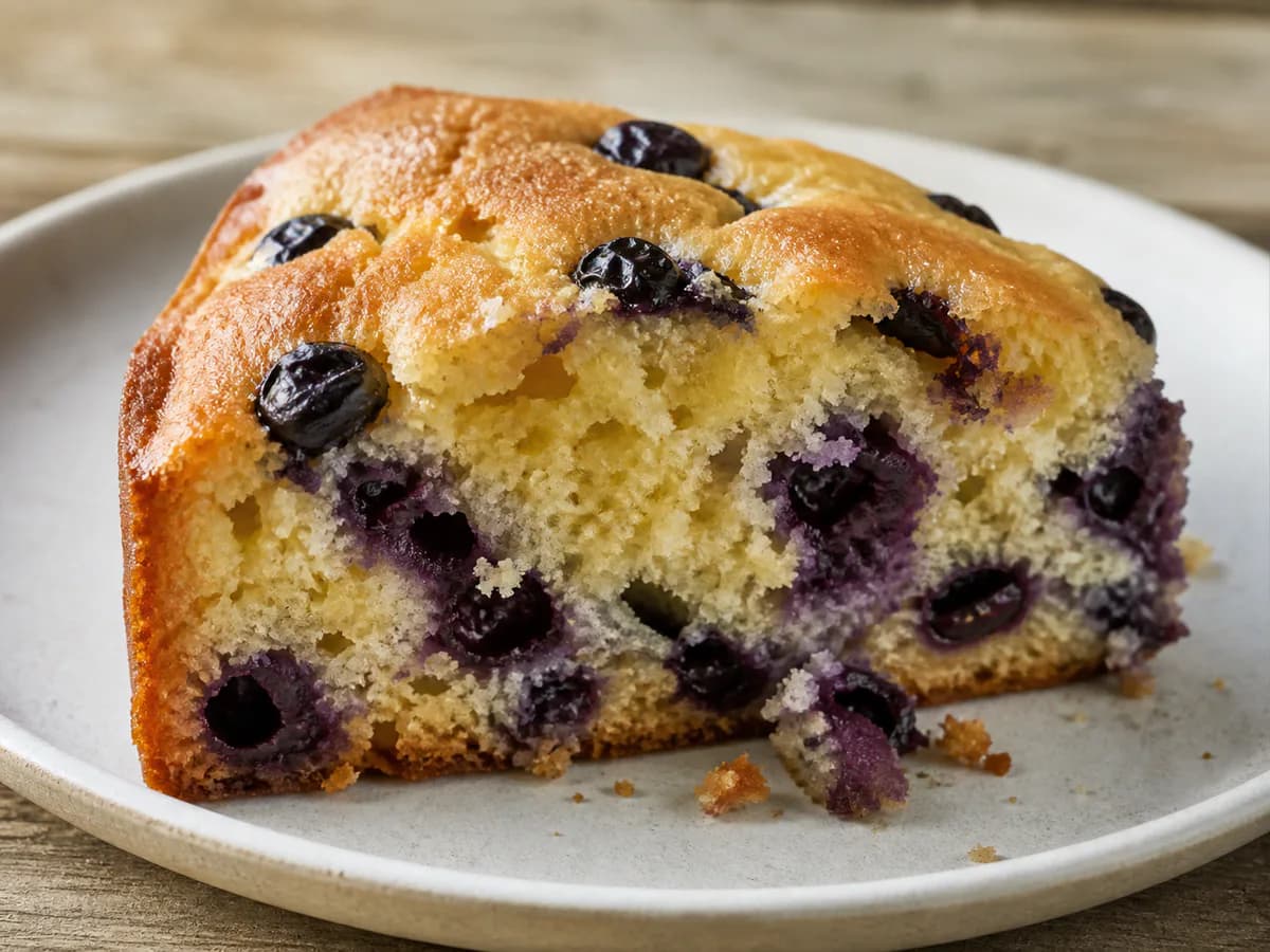 Pormenor de uma porção de Bolo de Mirtilo Fofo