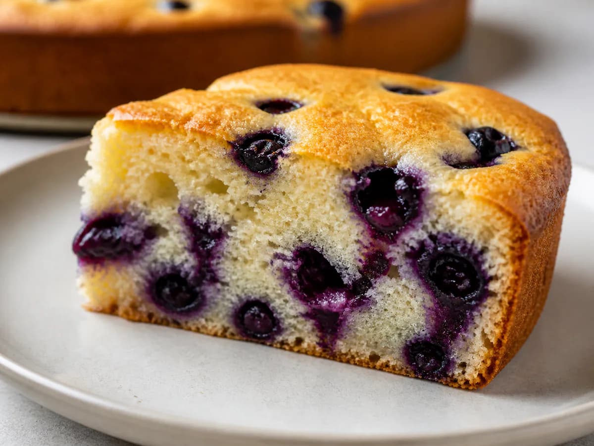 Pormenor de uma porção de Bolo de Mirtilos Fofo e Aromático