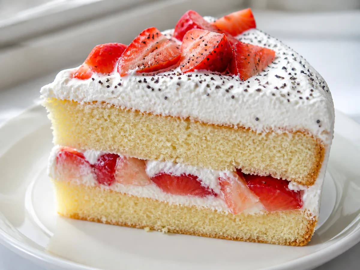 Pormenor de uma porção de Bolo de Morangos e Chantilly com Sementes de Papoila