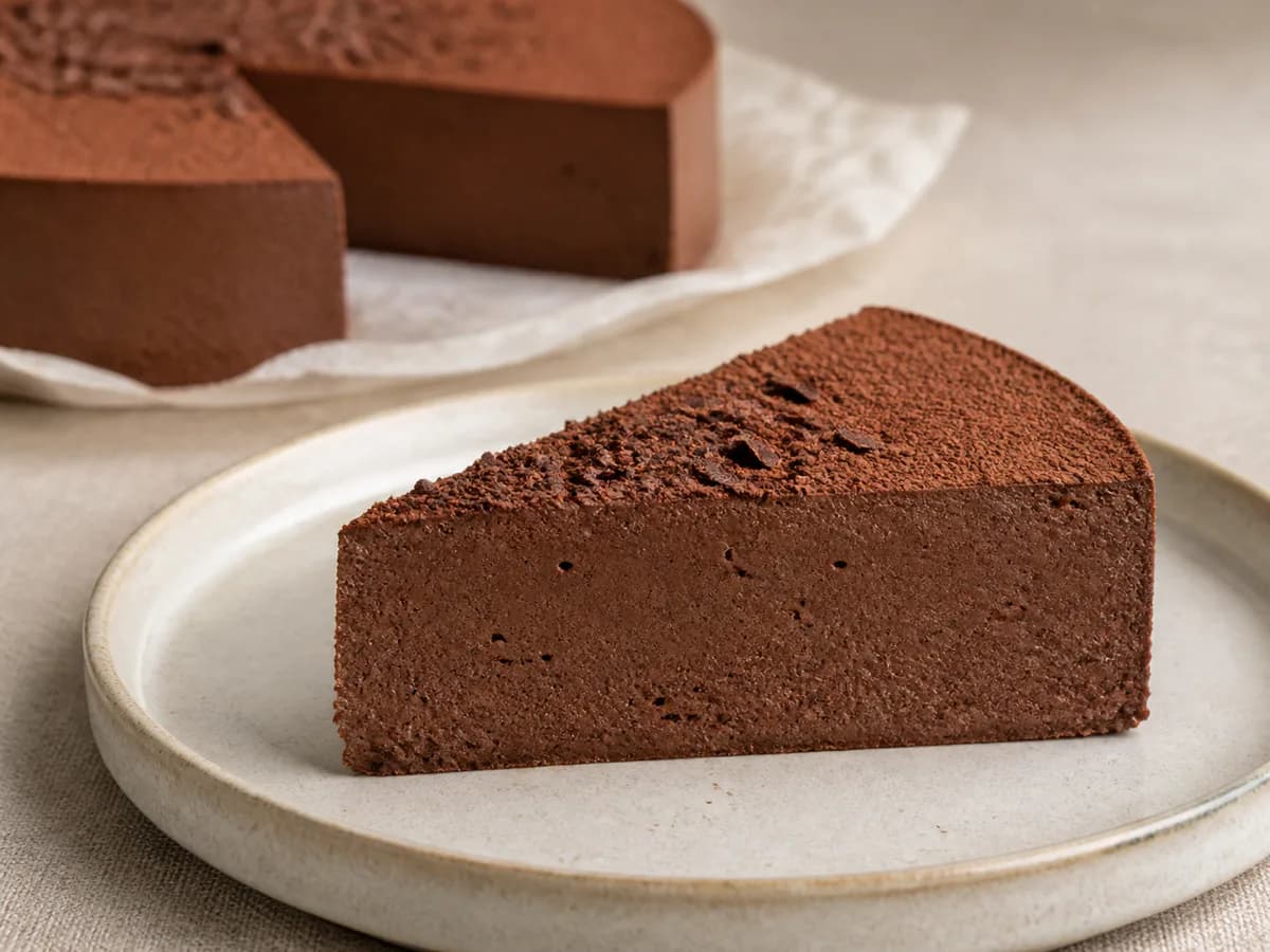 Pormenor de uma porção de Bolo Mousse de Chocolate Intenso