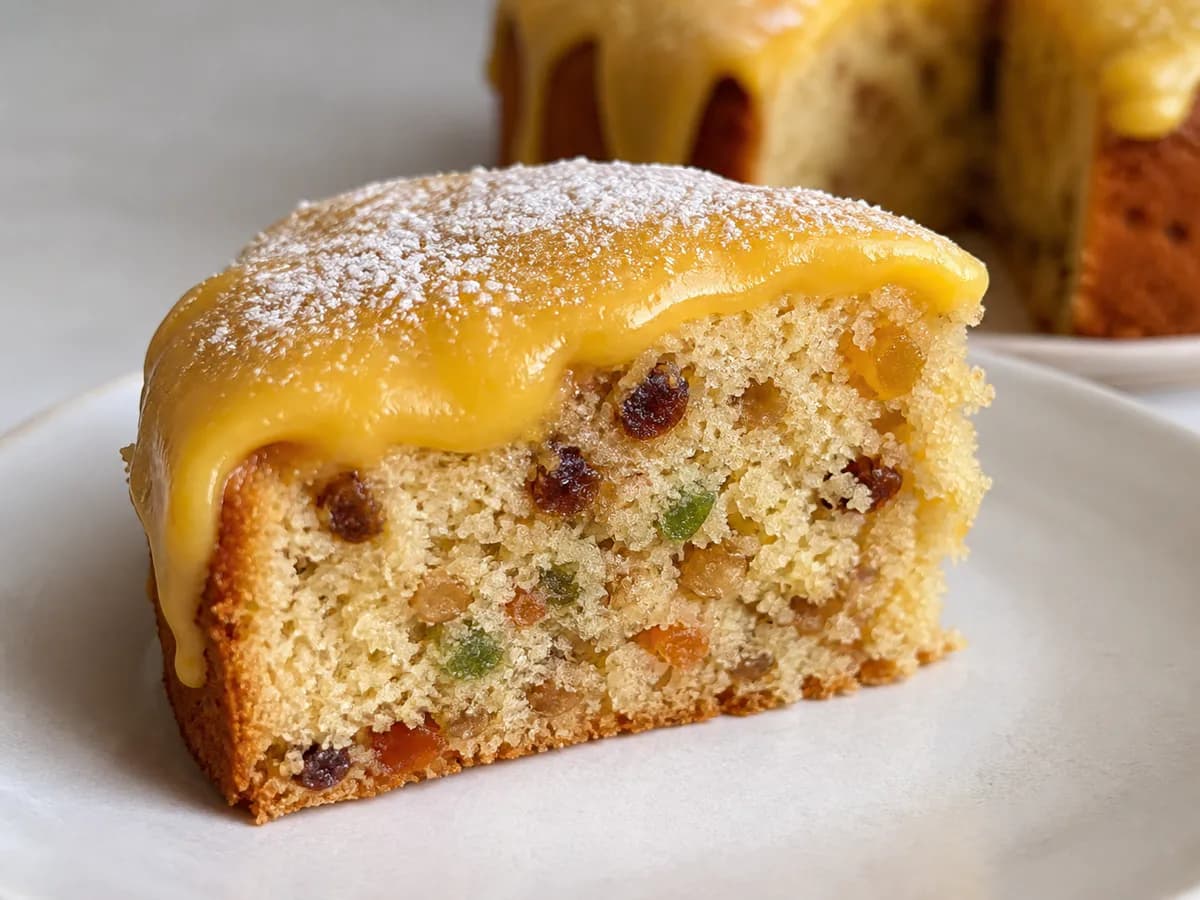 Pormenor de uma porção de Bolo de Natal com Doce de Ovos
