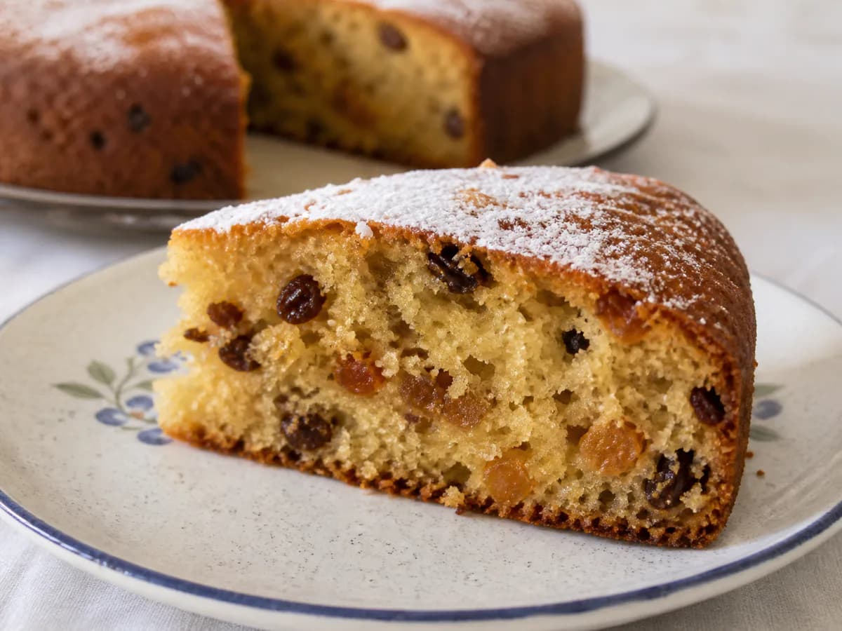 Pormenor de uma porção de Bolo de Natal de Iogurte e Frutas Secas
