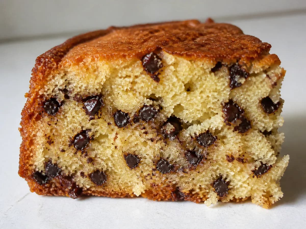 Pormenor de uma porção de Bolo de Natas com Pepitas de Chocolate