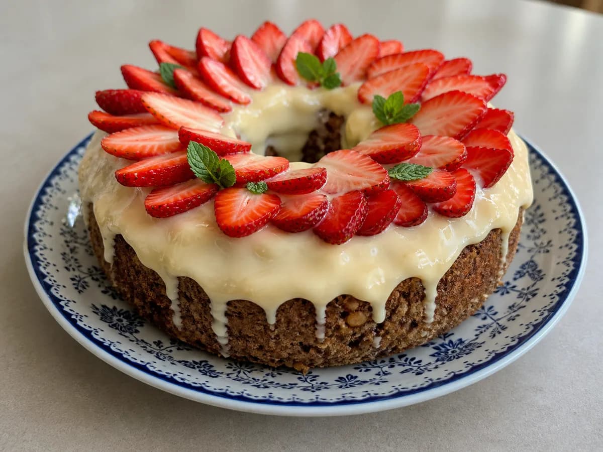 Bolo de Nozes com leite condensado e Morangos
