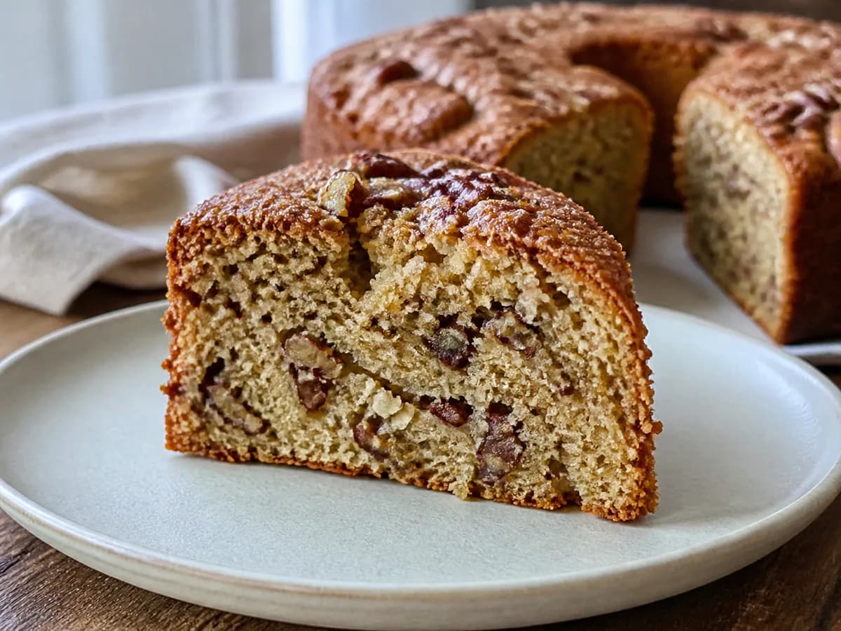 Pormenor de uma porção de Bolo de Nozes Pecan