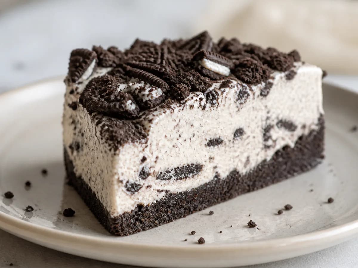 Pormenor de uma porção de Bolo de Bolacha de Oreo