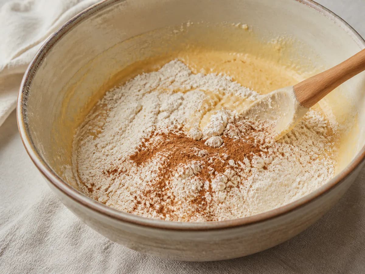 Preparação de Bolo de Pera e Canela durante a confeção