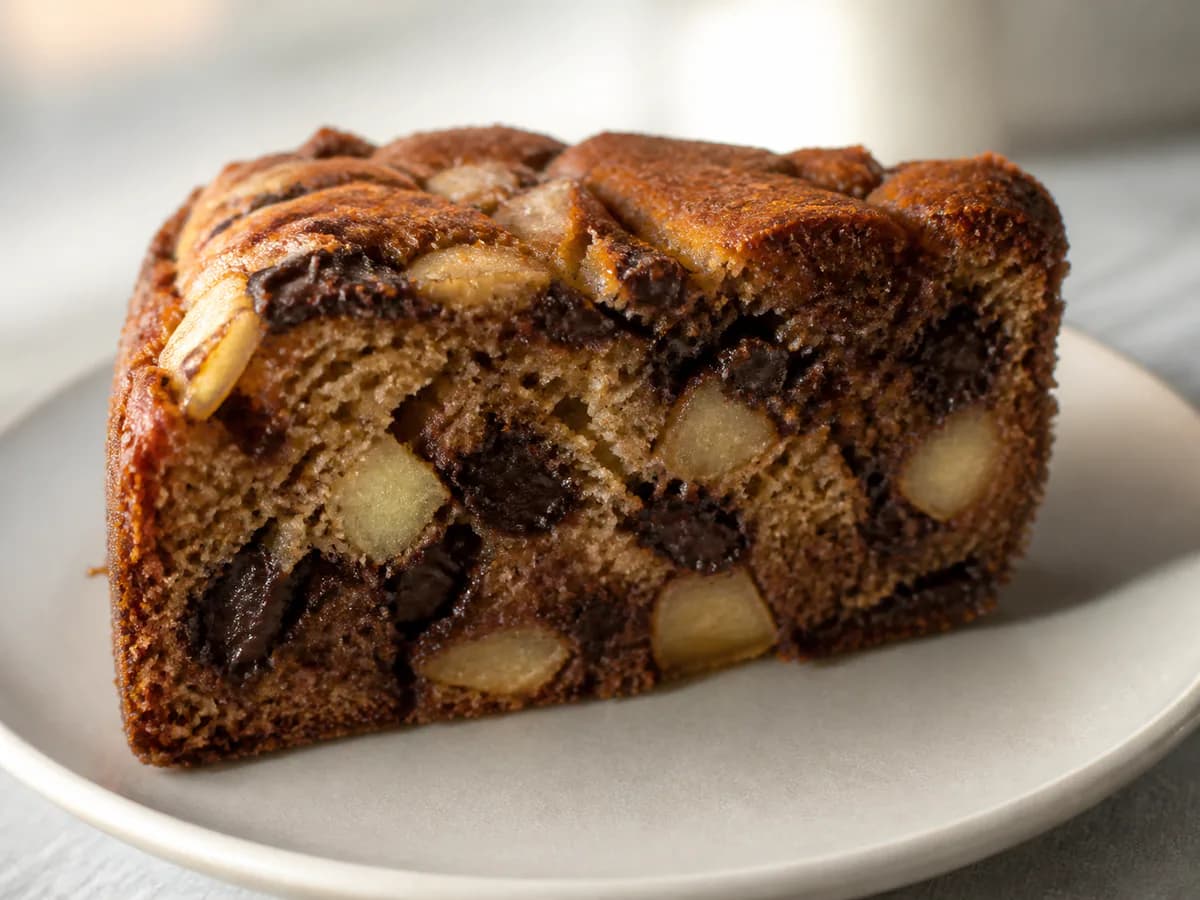 Pormenor de uma porção de Bolo de Pera, Maçã e Chocolate