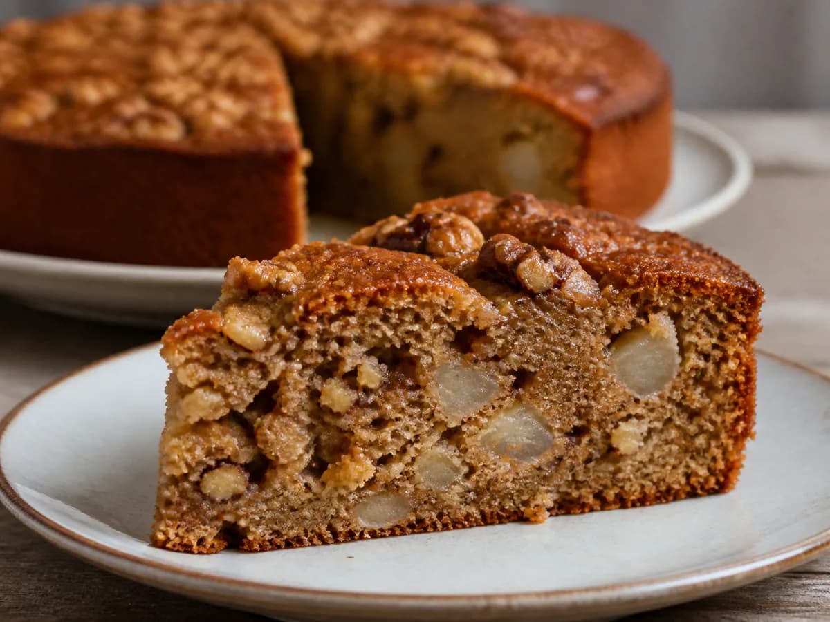 Pormenor de uma porção de Bolo de Peras com Nozes e Mel