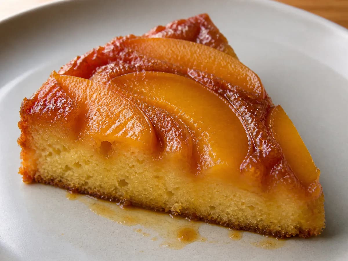 Pormenor de uma porção de Bolo de Pêssego Caramelizado