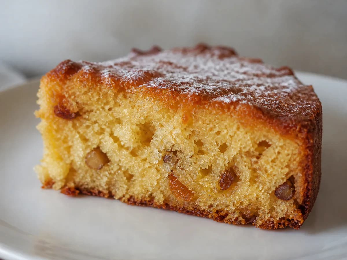 Pormenor de uma porção de Bolo de Requeijão com Amêndoa, Noz e Gila